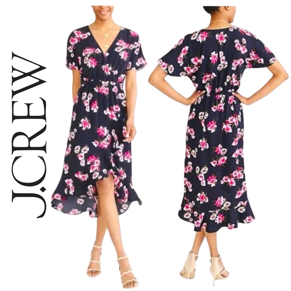 Like New J.Crew Navy Floral High-Low Faux Wrap Midi Dress – XXS (Worn Once)